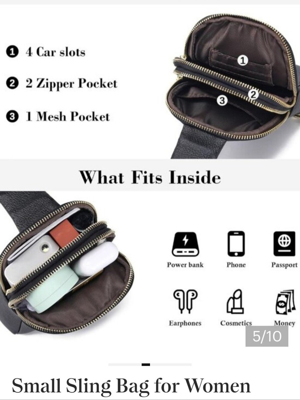 Inicat Black Crossbody Sling Bag -Vegan Leather Silver Hardware - Picture 2 of 12